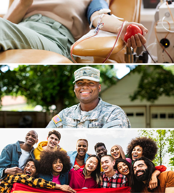 person giving blood, man in military fatigues, group of young people smiling