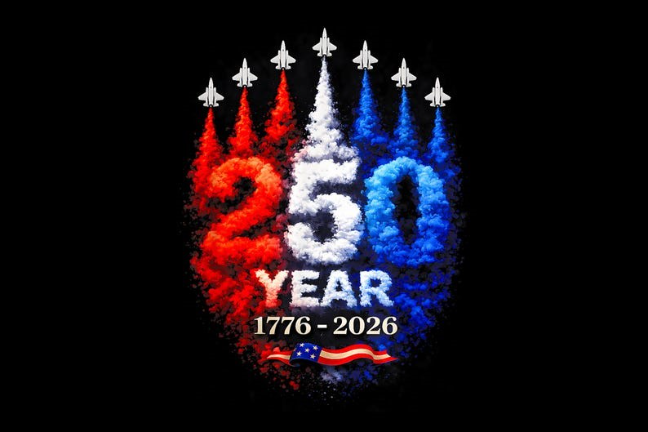 May include: Image with a black background featuring a patriotic design. The number "250" is formed with red, white, and blue smoke, with jets trailing the smoke. The text "YEAR 1776-2026" is below, along with an American flag.