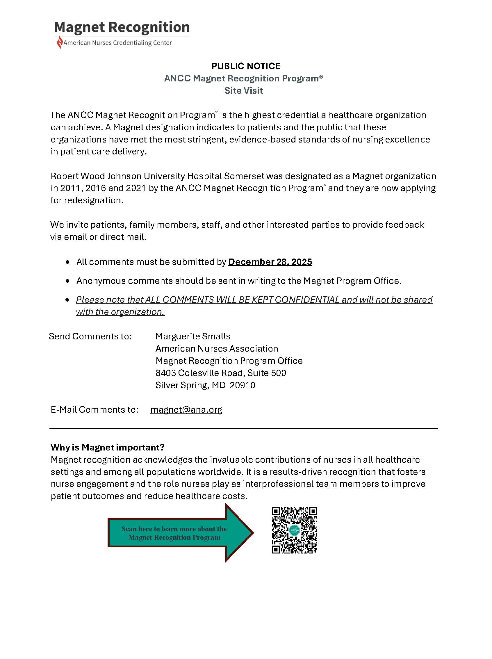 Public Notice ANCC Magnet Recognition Program Site Visit
