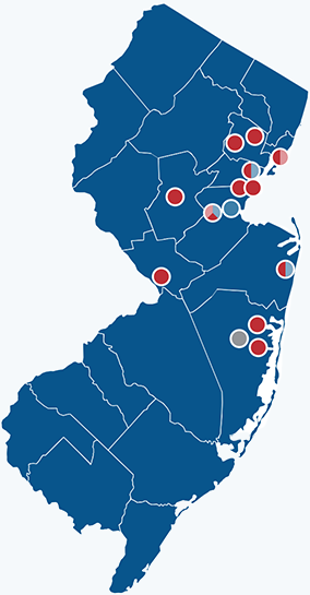 Map of New Jersey noting RWJBarnabas Health hospitals and centers