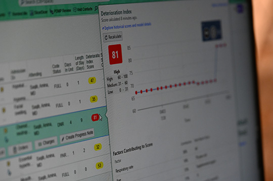 AI-powered deterioration index displays a patient's risk score