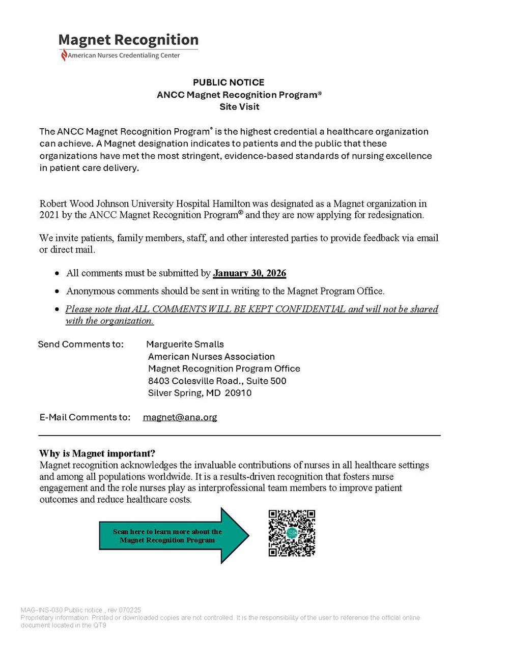 Public Notice for Magnet Site Visit RWJUH Hamilton