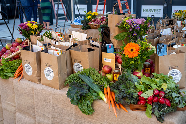 Harvest fresh vegetables displayed on a table with brown bags from the market