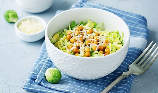 Brussel Sprout and Chickpea Salad with Lemon Tahini Dressing