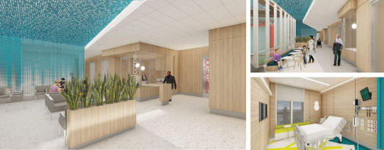 Clockwise, renderings show the new ED entrance; child-size furniture to accommodate small patients; a private, comfortable observation room adjacent to the ED; and a bright, roomy waiting room.