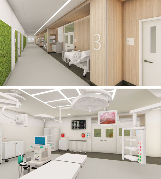Top, the expanded ED will allow improved flow of traffic for visitors and staff. Bottom, one of the new hybrid operating rooms, which can accommodate both open and minimally invasive surgery.
