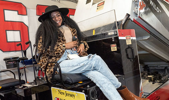 Shantel riding the zamboni at the NJ Devils game