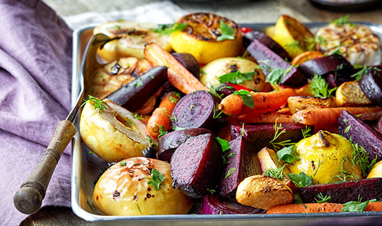 roasted vegetables on a pan