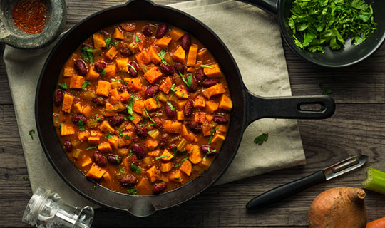 skillet with sweet potato vegetarian chili