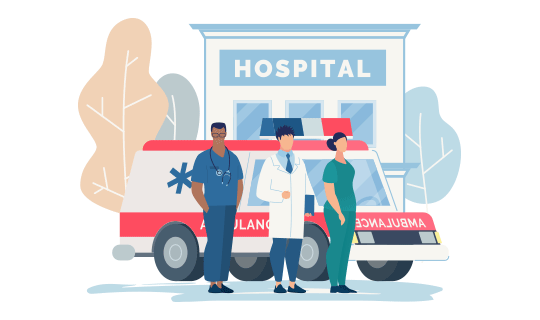illustration of an EMT, doctor, and nurse in front of an ambulance