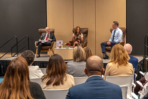 Following the demonstration, guests participated in a fireside chat with Joy Bauer (center) Nutrition and Health Expert on NBC’s Today Show, Dr. Steven Libutti (left), William N. Hait Director of Rutgers Cancer Institute and Senior Vice President, Oncology Services, RWJBarnabas Health and Dr. Andrew Evens, (right) Deputy Director of Clinical Services and Chief Physician Officer, Jack & Sheryl Morris Cancer Center and Rutgers Cancer Institute.