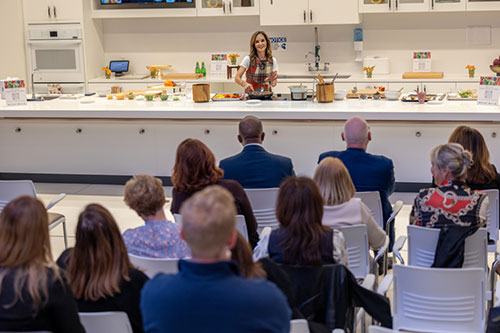 Joy Bauer, Nutrition and Health Expert on NBC’s Today Show, leading the inaugural cooking demonstration in the Jack & Sheryl Morris Cancer Center demonstration kitchen