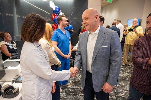 Jack Morris, , Chair of the Board of RWJUH, shares his gratitude with the staff of the new Jack & Sheryl Morris Cancer Center on opening day.