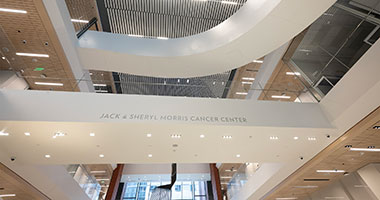 interior view of the Jack & Sheryl Morris Cancer Center looking up from first floor