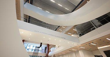 Jack & Sheryl Morris Cancer Center interior looking up from the lobby