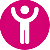 Maroon circle with a white icon of person raising arms