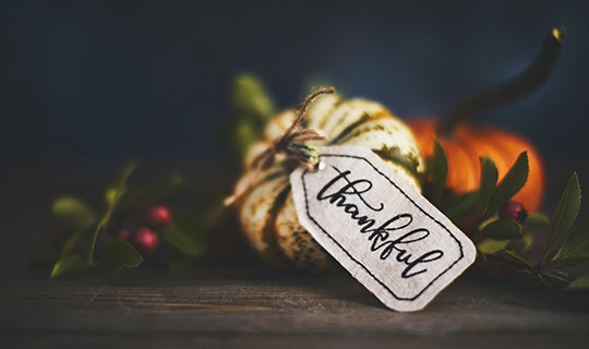 Mini pumpkins with "Thankful" gift tag