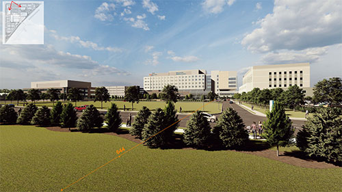 Rendered Elevation Showing View of Campus from Residential Area
