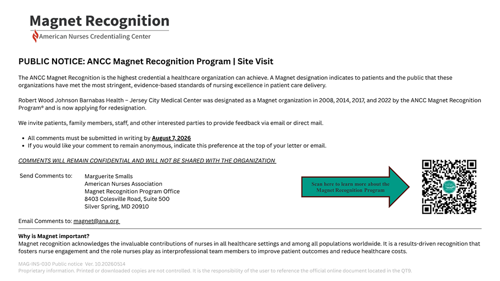 Public Notice: ANCC Magnet Recognition Program Site Visit – Jersey City Medical Center