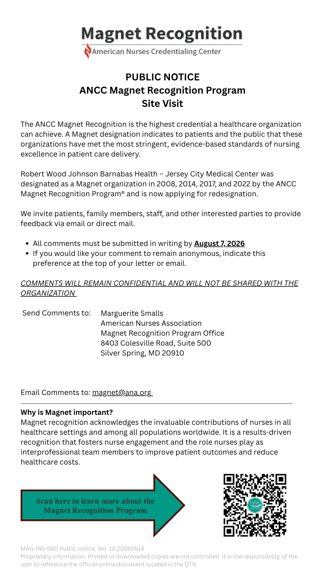 Public Notice: ANCC Magnet Recognition Program Site Visit – Jersey City Medical Center
