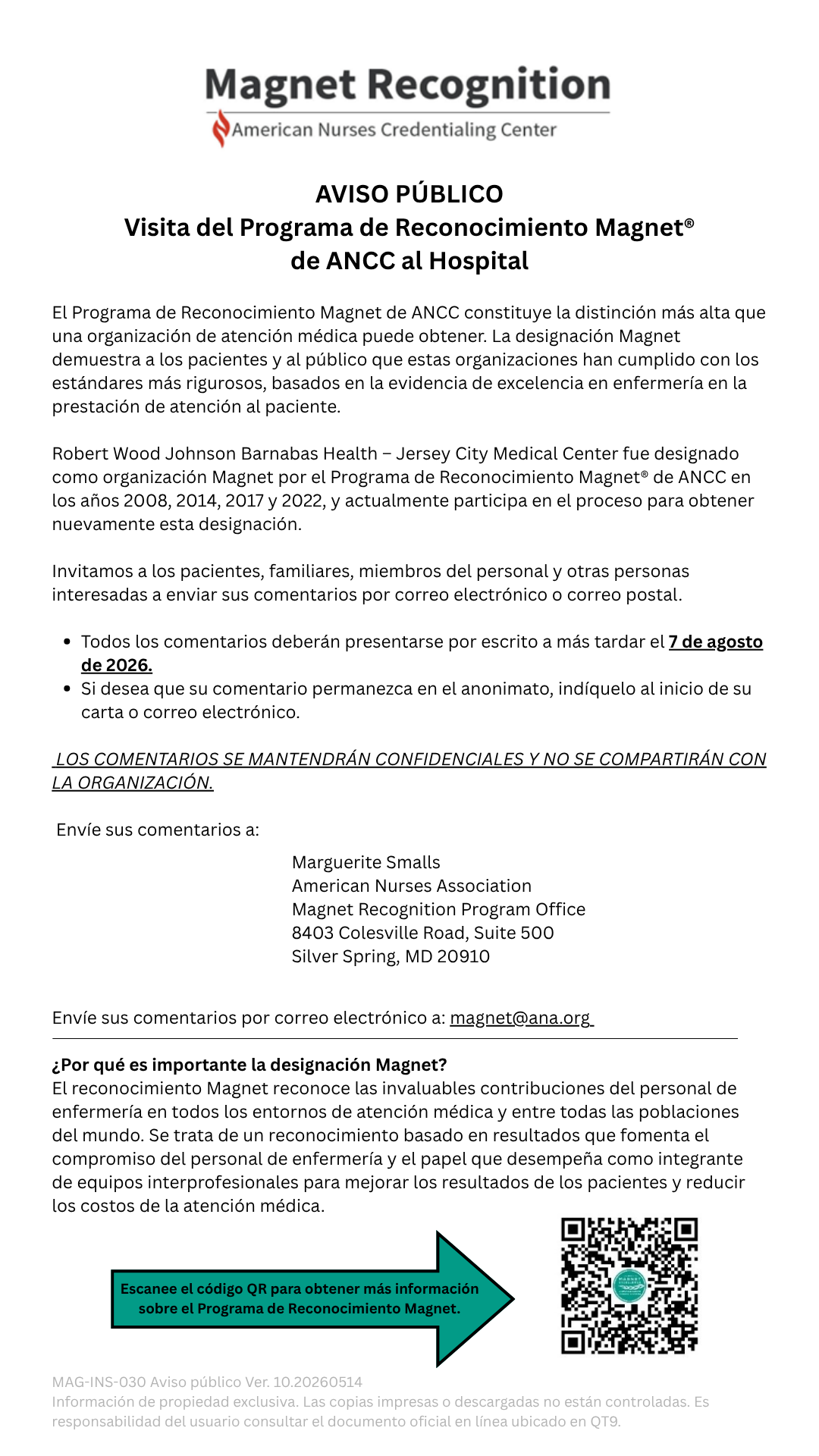 Public Notice: ANCC Magnet Recognition Program Site Visit – Jersey City Medical Center – Spanish