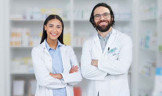 two pharmacists standing together and smiling